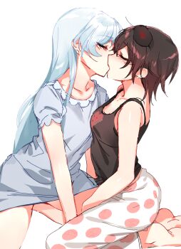 2girls arm_support blush brown_hair closed_eyes highres kiss long_hair multiple_girls ndgd nightgown polka_dot polka_dot_legwear ruby_rose rwby short_hair silver_hair sitting sketch sleep_mask tank_top thighs wariza weiss_schnee white_background yuri
