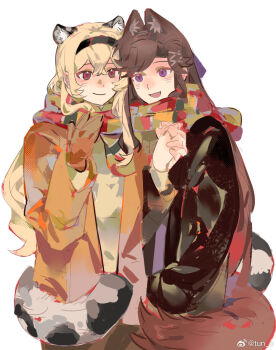 Rule 34 | 2girls, animal ear fluff, animal ears, black hairband, black jacket, blonde hair, blush, brown gloves, brown hair, brown jacket, brown scarf, chinese commentary, closed mouth, commentary request, cowboy shot, crossed bangs, dog ears, dog girl, dog tail, gloves, hair between eyes, hair ornament, hairband, hand up, hands up, heads together, highres, holding hands, interlocked fingers, jacket, kemonomimi mode, long hair, long sleeves, looking at another, multicolored scarf, multiple girls, open clothes, open jacket, open mouth, purple eyes, qngtidey132830, red eyes, red scarf, saijou claudine, scarf, shared clothes, shared scarf, shirt, shoujo kageki revue starlight, side-by-side, simple background, single glove, smile, standing, tail, tendou maya, very long hair, watermark, weibo username, weibo watermark, white background, white shirt, x hair ornament, yuri