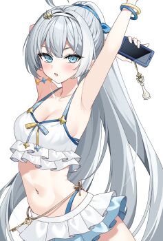 1girl ahoge arm_behind_head arm_up armpits arms_up bangle bare_shoulders bikini bikini_skirt blue_bikini blue_eyes blush bracelet breasts cellphone cellphone_charm charm_(object) cleavage collarbone commentary_request earrings female_tyrant_(stella_sora) female_tyrant_(swimsuit)_(stella_sora) frilled_bikini frills grey_hair hairband hayami_kaname high_ponytail highleg highleg_bikini highres holding holding_phone jewelry long_hair looking_at_viewer medium_breasts multicolored_hair navel open_mouth phone ponytail simple_background skirt small_breasts smartphone solo star_(symbol) stella_sora stomach streaked_hair swimsuit tyrant_(stella_sora) very_long_hair white_background white_bikini white_hair white_hairband