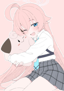 1girl :d absurdres ahoge black_skirt blue_archive blue_eyes blue_necktie blush character_request check_character cleffa collared_shirt creature fang gen_2_pokemon halo highres holding holding_creature holding_pokemon hoshino_(blue_archive) hug long_hair long_sleeves looking_at_viewer mistel_(sukebemistel) necktie one_eye_closed open_mouth outline pink_background pink_hair pink_halo plaid_clothes plaid_skirt pokemon pokemon_(creature) shirt skin_fang skirt smile solo white_outline white_shirt