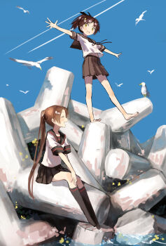 2girls alt_(apou) ayanami_(kancolle) ayanami_kai_ni_(kancolle) barefoot bird black_sailor_collar black_skirt black_socks blue_sky blush brown_eyes brown_hair brown_sailor_collar brown_skirt closed_eyes contrail day highres kantai_collection kneehighs long_hair multiple_girls neckerchief open_mouth outdoors outstretched_arms pleated_skirt ponytail sailor_collar school_uniform seagull serafuku shikinami_(kancolle) short_sleeves sitting skirt sky socks tetrapod water wave_breaker