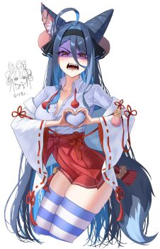 Rule 34 | 1girl, absurdres, ahoge, animal ears, asymmetrical bangs, black hairband, black ribbon, blue shirt, bow, bowtie, breasts, brown eyes, cleavage, commentary request, cone hair bun, cosplay, cropped legs, eruthu, fangs, furisode, gangzi (vtuber), hair between eyes, hair bun, hair ornament, hair ribbon, hairband, hakama, hakama skirt, heart, heart hands, high-waist skirt, highres, japanese clothes, kimono, korean commentary, large breasts, long hair, long sleeves, looking at viewer, miniskirt, off shoulder, open mouth, pom pom (clothes), pom pom hair ornament, red skirt, ribbon, shaded face, shirt, shirt tucked in, simple background, skirt, solo, stellive, striped clothes, striped thighhighs, tail, tenko shibuki, tenko shibuki (cosplay), thighhighs, undone bowtie, v-shaped eyebrows, very long hair, virtual youtuber, white background, zettai ryouiki