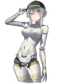 1girl android baseball_cap black_hat blush breasts closed_mouth commentary_request cropped_legs dushevnaya_(girls'_frontline_2) girls'_frontline girls'_frontline_2:_exilium gradient_eyes green_eyes grey_hair hat highres ksvk_(girls'_frontline) looking_at_viewer mechanical_arms mechanical_legs multicolored_eyes navel pink_eyes ringobatake simple_background solo white_background