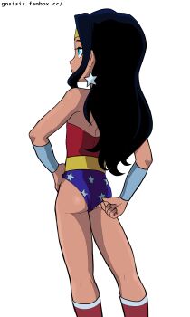 1girl absurdres adjusting_clothes adjusting_leotard aged_down alpha_transparency ass bare_shoulders black_hair blue_eyes bracer circlet closed_mouth dc_comics earrings facing_away fanbox_username feet_out_of_frame female_focus from_behind gluteal_fold gnsisir hand_on_own_hip highres jewelry leotard loli long_hair multicolored_leotard sidelocks solo standing star_(symbol) star_earrings star_print strapless strapless_leotard thighs watermark web_address wonder_woman wonder_woman_(series)
