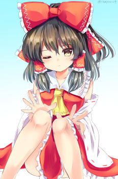 1girl ascot black_hair blue_background bow brown_eyes collared_shirt commentary_request detached_sleeves feet_out_of_frame frilled_bow frilled_hair_tubes frilled_shirt_collar frilled_skirt frills gradient_background hair_bow hair_tubes hakurei_reimu highres long_hair long_sleeves looking_at_viewer one_eye_closed ramudia_(lamyun) red_bow red_ribbon red_shirt red_skirt ribbon ribbon-trimmed_sleeves ribbon_trim shirt sitting skirt solo thighs touhou twitter_username white_background wide_sleeves yellow_ascot