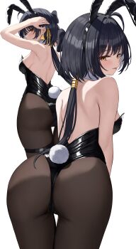 1girl :p absurdres alternate_costume animal_ear_hairband animal_ears ass back bare_shoulders black_bow black_hair black_leotard black_pantyhose blush bow breasts commentary earrings fake_animal_ears fake_tail female_rover_(wuthering_waves) from_behind hair_bow hairband highres jewelry kurone_(kurone_ryuo) large_breasts leotard long_hair looking_at_viewer looking_back low_ponytail median_furrow multiple_views pantyhose ponytail rabbit_ear_hairband rabbit_ears rabbit_tail rover_(wuthering_waves) shoulder_blades simple_background strapless strapless_leotard symbol-only_commentary tail thigh_gap tongue tongue_out triangle_earrings white_background wuthering_waves yellow_eyes