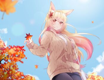 Rule 34 | 1girl, animal ears, autumn, autumn leaves, bag, black pants, blonde hair, blue sky, brown cardigan, cardigan, choppy bangs, closed mouth, commentary request, commission, cowboy shot, dabi (15dldl15), day, flower, from below, hair ornament, hands up, holding, holding leaf, korean commentary, leaf, leaf hair ornament, long sleeves, looking at viewer, original, outdoors, pants, red eyes, shoulder bag, sky, solo