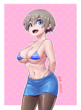 1girl absurdres arms_behind_back artist_name bikini blue_bikini blue_eyes blue_skirt border breasts brown_hair brown_pantyhose clothes_lift commentary cowboy_shot fang highres jk_arts large_breasts navel no_shirt outside_border panty_straps pantyhose pink_background polka_dot polka_dot_background short_hair skin_fang skirt solo standing string_bikini swimsuit twitter_username uzaki-chan_wa_asobitai! uzaki_hana white_border