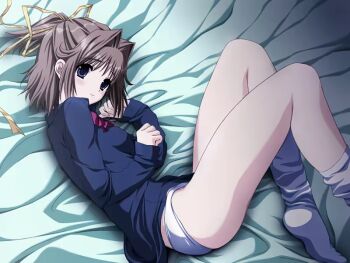 1girl bed_sheet black_eyes brown_hair closed_mouth doko_e_iku_no_ano_hi game_cg kanno_touko kanzaki_chihiro night non-web_source panties ribbon short_hair socks thighs underwear white_panties yellow_ribbon
