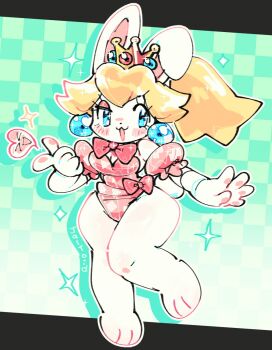 1girl adapted_costume animal_ears animal_feet blonde_hair blowing_kiss blue_eyes blush bow bowtie breasts cleavage commentary crown detached_sleeves earrings english_commentary furry furry_female heart highres jaltoid jewelry leotard long_hair mario_(series) mario_+_rabbids_kingdom_battle nintendo open_mouth pawpads pear-shaped_figure pink_bow pink_bowtie pink_leotard ponytail princess_peach puffy_detached_sleeves puffy_sleeves rabbid rabbid_peach rabbit_ears rabbit_girl rabbit_tail raving_rabbids signature smile sparkle tail