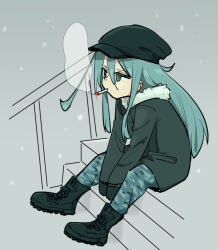 Rule 34 | 1girl, alternate costume, black footwear, black gloves, black hat, black jacket, blue eyes, blue pants, boots, cabbie hat, camouflage, camouflage pants, cigarette, combat boots, expressionless, full body, fur-trimmed jacket, fur trim, gloves, grey background, hair between eyes, hat, hibiki (kancolle), jacket, jitome, kantai collection, long hair, long sleeves, looking ahead, mouth hold, pants, railing, sidelocks, simple background, sitting, sitting on stairs, smoke, smoking, snowing, solo, stairs, tonmoh, v arms