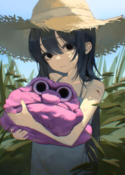 1girl absurdres black_eyes creature day dress hat highres holding holding_creature injury k_hottok light_smile long_hair looking_at_viewer original outdoors plant red_pupils scratches solo spaghetti_strap straw_hat