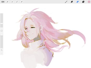 1boy antenna_hair art_program_in_frame chinese_commentary closed_eyes closed_mouth commentary_request cropped_shoulders curtained_hair floating_hair hatsutori_hajime highres long_hair male_focus parted_bangs pink_hair procreate_(medium) procreate_(software) saibou_shinkyoku shirt simple_background smile solo vihua6 white_background white_shirt