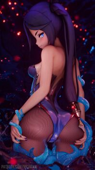 1girl 3d absurdres artist_name ass ass_focus bare_shoulders blue_eyes bound bound_legs bound_wrists breasts brown_pantyhose cameltoe closed_mouth collarbone come_hither cowboy_shot fat_mons genshin_impact grabbing_own_ass highres leotard long_hair looking_at_viewer mona_(genshin_impact) pantyhose partially_visible_vulva presenting purple_hair purple_leotard purple_nails seductive_smile see-through_clothes sideboob slime_(creature) slime_(genshin_impact) small_breasts smile tentacle_pit tentacles thick_thighs thighs twintails v-shaped_eyebrows variant_set very_long_hair vicineko wide_hips