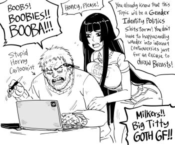 1boy absurdres angry artist_self-insert bb_(baalbuddy) bent_over black_hair bloodshot_eyes blunt_bangs blunt_ends breast_press breasts clothes_writing commentary computer crop_top cropped_legs d: denim drawing_tablet drooling english_text facial_hair flying_sweatdrops furrowed_brow greyscale hand_on_another's_arm highres hime_cut hime_cut_wife_(baalbuddy) jeans laptop large_breasts light_blush long_sleeves looking_at_object messy_hair midriff monochrome open_mouth original pants pencil_behind_ear politics short_hair short_sleeves shouting simple_background sitting speech_bubble stubble stylus sweat sweater tablet touching_another's_back trembling white_background