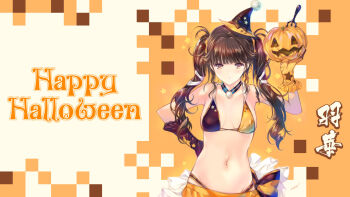 Rule 34 | 1girl, asymmetrical gloves, bikini, black bikini, black bow, black gloves, black hair, black hat, blunt bangs, bow, brown eyes, closed mouth, gloves, haha ranman, hair bow, halloween, hand on own hip, happy halloween, hat, highres, holding, holding pumpkin, jack-o'-lantern, long hair, looking at viewer, midriff, min-naraken, mini hat, mini witch hat, mismatched gloves, multicolored bikini, navel, orange bow, orange gloves, orange hat, orange skirt, print bikini, print gloves, print headwear, pumpkin, signature, skirt, solo, standing, star (symbol), star print, swimsuit, twintails, two-tone bikini, two-tone bow, two-tone headwear, uka (haha ranman), upper body, witch hat, yellow bikini