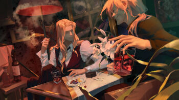 024_(1a41a4) 2boys absurdres black_shirt black_vest bottle brown_hair cherry collared_shirt facial_hair fate/grand_order fate_(series) flower food fruit goatee_stubble highres holding indoors long_sleeves looking_at_another mature_male multiple_boys orange_(fruit) orange_slice parted_lips plate ponytail shirt sitting smoking stubble vest vlad_iii_(fate/apocrypha) vlad_iii_(fate/extra) white_flower white_shirt