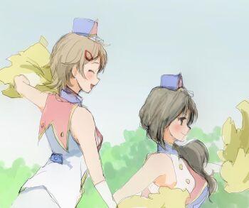 Rule 34 | 2girls, 86thunder, alternate costume, band uniform, blonde hair, blush, brown hair, closed eyes, closed mouth, green eyes, green hair, hair ornament, hairclip, hat, hibike! euphonium, holding, holding pom poms, katou hazuki, kitamura raina, long hair, marching band, multiple girls, official alternate costume, open mouth, outdoors, pom pom (cheerleading), pom poms, ponytail, shirt, short hair, skirt, sleeveless, smile, upper body, white shirt, white skirt