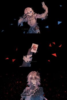 Rule 34 | 2girls, absurdres, black background, chinese commentary, choker, evernight (honkai: star rail), flower, gloves, hair flower, hair ornament, highres, holding, holding phone, honkai: star rail, honkai (series), long hair, march 7th (honkai: star rail), march 7th (preservation) (honkai: star rail), multicolored eyes, multiple girls, off shoulder, one eye closed, partially fingerless gloves, phone, photo (object), pink hair, red eyes, shards, shirt, sleeve cuffs, two-tone eyes, v, yikuaiweihuabing wafer