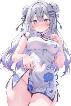 1girl @_@ absurdres blush bottomless breasts china_dress chinese_clothes commentary_request commission covered_navel double_bun dress embarrassed grey_eyes grey_hair hair_bun hair_ornament hair_ribbon heterochromia highres indie_virtual_youtuber large_breasts long_hair no_panties parted_lips pekokota purple_eyes ribbon second-party_source short_sleeves simple_background solo sweatdrop virtual_youtuber white_background yuase_(vtuber)