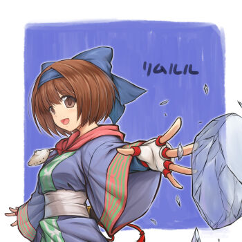 Rule 34 | 1girl, ainu clothes, bow, breasts, brown eyes, brown hair, female focus, fingerless gloves, gloves, hair bow, hairband, itouei, jewelry, long sleeves, necklace, ribbon, rimururu, samurai spirits, short hair, smile, solo, wide sleeves