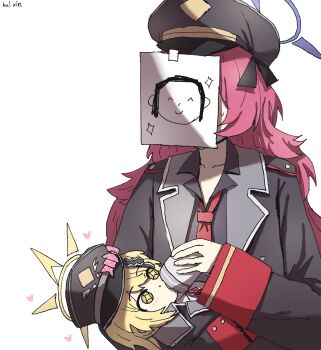 2girls baby_bottle blue_archive bottle bow bowtie doodle_sensei_(blue_archive) feeding fluffy_hair halo hat heart highres holding holding_bottle ibuki_(blue_archive) iroha_(blue_archive) kai_xin long_hair multiple_girls necktie paper_on_head pink_bow pink_bowtie red_necktie sensei_(blue_archive) sparkling_eyes sweatdrop very_long_hair white_background yellow_eyes yellow_halo