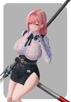 Rule 34 | 1girl, absurdres, black gloves, breasts, closed mouth, cowboy shot, dress shirt, gloves, hair between eyes, highres, holding, holding polearm, holding weapon, large breasts, long hair, looking at viewer, naginata, pencil skirt, pink eyes, pink hair, polearm, shirt, sidelocks, simple background, skirt, solo, tsukishiro yanagi, variant set, weapon, wet, wet clothes, white shirt, yuzuriha (pixiv 14248010), zenless zone zero