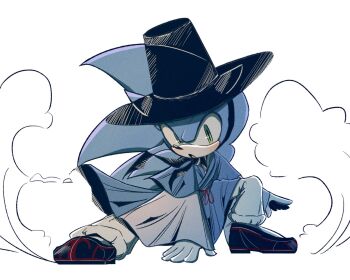 1boy alternate_costume black_shoes blue_hanbok chilidog_16 commentary_request full_body furry furry_male gat_(hat) gloves green_eyes hanbok hand_on_ground hat highres korean_clothes korean_commentary looking_at_viewer male_focus open_mouth shoes simple_background solo sonic_(series) sonic_the_hedgehog squatting white_background white_gloves