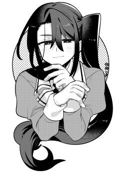 Rule 34 | 1girl, closed mouth, cropped torso, gloves, greyscale, hair between eyes, higaragi, highres, jacket, kantai collection, long hair, long sleeves, looking at viewer, monochrome, nachi (kancolle), nachi kai ni (kancolle), ponytail, side ponytail, simple background, solo, upper body, very long hair