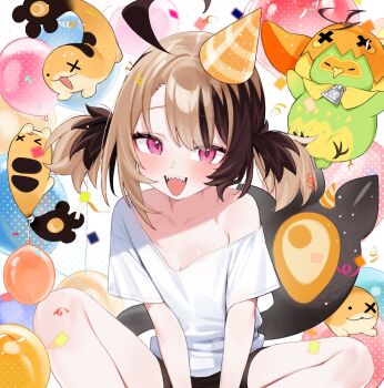 1girl :d ahoge balloon black_shorts brown_hair confetti gigi_murin grem_(gigi_murin) hat highres hololive hololive_english hoshi_usagi looking_at_viewer multicolored_hair open_mouth party_hat pink_eyes popo_(gigi_murin) sharp_teeth shirt short_hair short_shorts short_sleeves short_twintails shorts sitting smile solo tail teeth twintails two-tone_hair upper_teeth_only virtual_youtuber white_shirt