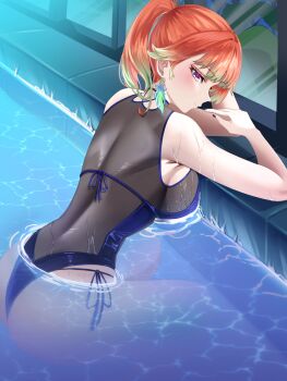 1girl absurdres armpit_crease ass back black_nails breasts closed_mouth earrings feather_earrings feathers from_side gradient_hair green_hair highres hololive hololive_english jewelry large_breasts looking_back multicolored_hair official_alternate_costume one-piece_swimsuit orange_hair partially_submerged perfume_(takanashi_kiara) pool purple_eyes smile solo swimsuit takanashi_kiara trixie_(trixiex33) virtual_youtuber water