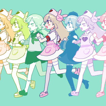 6+girls absurdres album_cover apron armband back_bow blush_stickers bow brown_hair clone closed_eyes closed_mouth cover detached_sleeves double_bun dress fang from_side full_body green_background hair_bun hair_ornament hat heart heart_print highres jiangshi_costume kneehighs loafers long_hair long_sleeves looking_ahead multiple_girls multiple_persona natori_sana natori_sana_(artist) natori_sana_(jiangshi) natori_sana_(nurse) natori_sana_(school_uniform) neckerchief nurse nurse_cap open_mouth parallel_searchlight_(song) pink_apron pink_bow platform_footwear platform_heels pleated_skirt profile puffy_short_sleeves puffy_sleeves rabbit_hair_ornament rainbow_order red_armband red_eyes running sana_channel school_uniform sequential serafuku shoes short_dress short_sleeves simple_background skin_fang skirt sleeves_past_fingers sleeves_past_wrists slippers smile socks thighhighs third-party_source v-shaped_eyebrows virtual_youtuber white_dress white_thighhighs wristband