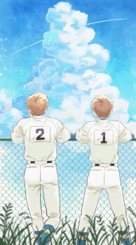 Rule 34 | 2boys, ace of diamond, baseball uniform, chain-link fence, cloud, contrail, cumulonimbus cloud, dangomochi2, day, facing away, fence, from behind, highres, male focus, miyuki kazuya, multiple boys, outdoors, pants, sawamura eijun, shirt, socks, sportswear, standing, white pants, white shirt