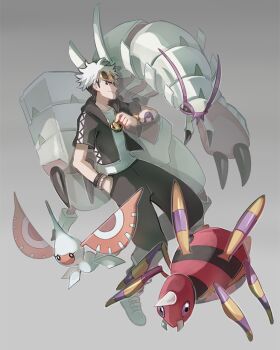 1boy araquanid ariados arm_tattoo black_hair black_jacket black_pants closed_mouth commentary_request eyewear_on_head gen_2_pokemon gen_3_pokemon gen_7_pokemon grey_background guzma_(pokemon) hood hooded_jacket huan_li jacket male_focus masquerain multicolored_hair nintendo pants pokemon pokemon_(creature) pokemon_sm pokemon_team shirt shoes short_sleeves smile sunglasses tattoo team_skull two-tone_hair undercut white_footwear white_hair white_shirt yellow-framed_eyewear