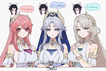 Rule 34 | 3girls, aqua nails, aria (genshin impact), bare shoulders, blue eyes, blue hair, blue veil, breasts, brown hair, canon (genshin impact), closed eyes, closed mouth, columbina (genshin impact), commentary request, cropped torso, dated, fingernails, genshin impact, hair between eyes, hand up, large breasts, long hair, looking at viewer, multiple girls, nail polish, open mouth, own hands together, paimon (genshin impact), q (oshikuraq), red hair, simple background, sleeveless, smile, sonnet (genshin impact), translation request, veil, very long hair, white background