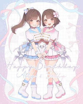 ally_&amp;_sally bow brown_eyes brown_hair cauli dress english_text happy_birthday ponytail real_life short_hair siblings twins