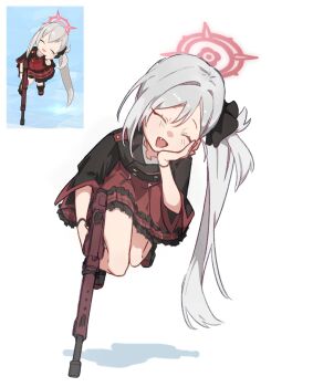 Rule 34 | 1girl, black jacket, black scrunchie, black shoes, blue archive, blush, buttons, closed eyes, commentary request, derivative work, double-breasted, double-parted bangs, facing viewer, fang, floating, frilled skirt, frills, full body, game screenshot inset, grey hair, gun, h&amp;k mg5, hair ornament, hair scrunchie, halo, hand on own chest, high-waist skirt, highres, holding, holding gun, holding weapon, jacket, knees together feet apart, light machine gun, long hair, machine gun, mutsuki (blue archive), open mouth, red halo, red skirt, ru77094, school uniform, screenshot inset, screenshot redraw, scrunchie, shadow, shirt, shoes, side ponytail, simple background, skirt, smile, solo, very long hair, weapon, white background, white shirt