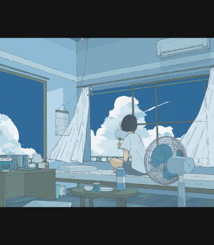 1girl air_conditioner barefoot bed black_hair blue_sky blue_theme bob_cut book bowl carton chinese_commentary cloud commentary contrail curtains day desk_lamp electric_fan fishbowl floating_curtains from_behind grey_shorts hand_fan highres holding holding_fan indian_style indoors jar lamp letterboxed limited_palette ma_(mamamauuuuu) on_bed open_window original paper_fan plate shirt short_hair short_sleeves shorts sitting sky solo table white_shirt wide_shot window