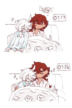 2girls bags_under_eyes blue_shirt closed_eyes closed_mouth couch cuddling cushion gundam gundam_suisei_no_majo hand_on_another&#039;s_arm highres long_hair miorine_rembran multiple_girls nandmmy03 on_couch one_eye_closed open_mouth pink_shirt red_hair scar scar_on_face shirt smile speech_bubble striped_clothes striped_shirt suletta_mercury thought_bubble timestamp under_covers white_hair yuri