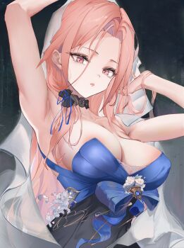 armpits arms_up azur_lane blue_dress breasts cleavage commentary_request dress highres large_breasts lexington_(azur_lane) lexington_ii_(azur_lane) long_hair looking_at_viewer parted_bangs pink_eyes pink_hair strapless strapless_dress tastebid upper_body white_headdress