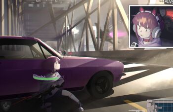1girl 2boys aircraft airplane animal_ear_headphones animal_ears assault_rifle battle bridge car cat_ear_headphones cat_ears choker fake_animal_ears fallenshadow fighter_jet genderswap genderswap_(ftm) gun headphones highres holding holding_gun holding_weapon hood hoodie indie_virtual_youtuber meme microphone military_vehicle monitor motor_vehicle multiple_boys outdoors pewdiepie's_pubg_livestream_n-word_controversy_(meme) playing_games purple_choker purple_eyes purple_hair purple_hoodie purple_shirt rifle shadow shirt shorts socks tea_party_biscuits user_interface virtual_youtuber weapon