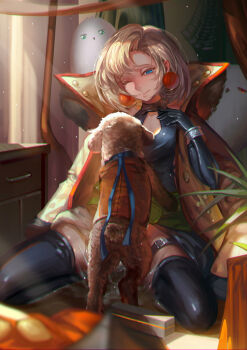 1girl artemis_(junketsu_no_maria) artemis_(junketsu_no_maria)_(bird) bestiality bird blonde_hair blue_eyes blush breasts buckle closed_mouth clothed_sex cum cum_pool dog earrings elbow_gloves eyelashes gloves half-closed_eyes implied_sex jewelry junketsu_no_maria maria_(junketsu_no_maria) nose one_eye_closed owl saber_01 sex short_hair sitting solo spread_legs straddling upright_straddle vaginal wariza wince