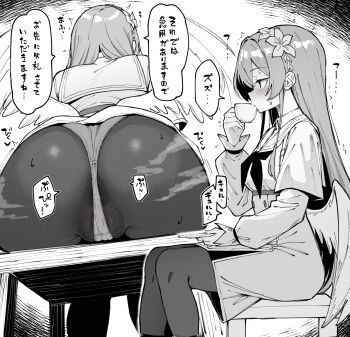 1girl absurdres ass blue_archive cup dress drinking flower freedom_nakai greyscale hair_flower hair_ornament highres holding holding_cup long_hair long_sleeves monochrome multiple_views nagisa_(blue_archive) neckerchief on_stool panties panties_under_pantyhose pantyhose sitting speech_bubble teacup translation_request underwear wings