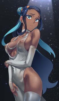 1girl absurdres black_background black_hair blue_eyes blue_hair breasts choker closed_mouth cojohn collarbone covered_erect_nipples covered_navel dark-skinned_female dark_skin dress elbow_gloves gloves grey_choker grey_dress hair_bun highres light_particles looking_at_viewer medium_breasts multicolored_hair nessa_(pokemon) nintendo plunging_neckline pokemon pokemon_swsh revealing_clothes see-through_clothes see-through_dress side_slit single_thighhigh solo spotlight thighhighs two-tone_hair white_thighhighs