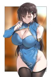 Rule 34 | 1girl, arm behind back, black hair, black thighhighs, blue dress, blue sleeves, blurry, blurry background, border, breasts, bridal gauntlets, character request, check character, china dress, chinese clothes, cleavage, detached sleeves, dress, hair between eyes, hair ornament, hairclip, highres, large breasts, long hair, looking down, original, outside border, pelvic curtain, playing with own hair, solo, thighhighs, urec, white border, yellow eyes