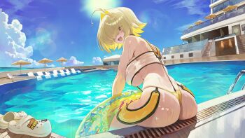 1girl :d absurdres ahoge ass back blonde_hair blue_sky blush breasts colored_inner_hair commentary day elegg_(boom_and_shock)_(nikke) elegg_(nikke) fang from_behind goddess_of_victory:_nikke hair_intakes hair_over_eyes highres holding holding_swim_ring innertube large_breasts lens_flare looking_at_viewer looking_back m.q_(mqkyrie) multicolored_hair one-piece_swimsuit open_mouth outdoors pool poolside purple_eyes see-through_slingshot_swimsuit short_hair sitting sky slingshot_swimsuit smile soaking_feet solo sun swim_ring swimsuit underboob water wet yellow_one-piece_swimsuit yellow_slingshot_swimsuit