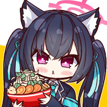 1girl absurdres animal_ear_fluff animal_ears black_hair blue_archive blue_necktie blue_ribbon blush_stickers bowl bright_pupils cat_ears chibi chibi_only clenched_hand collared_shirt commentary eyes_visible_through_hair food hair_between_eyes hair_ribbon halo highres holding holding_bowl jirou_(ramen) long_hair long_sleeves nckak9rjjdjff4e necktie noodles open_mouth outline pink_halo ramen red_eyes ribbon school_uniform serika_(blue_archive) shirt sidelocks simple_background solo triangle_mouth twintails two-tone_background upper_body white_outline white_pupils white_shirt