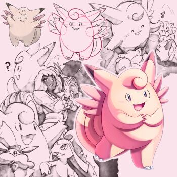 Rule 34 | 1girl, ?, carbink, clefable, clefairy, cleffa, colored skin, commentary request, dress, gen 1 pokemon, gen 2 pokemon, gen 3 pokemon, gen 6 pokemon, gloves, highres, holding, holding poke ball, jacinthe (pokemon), mawile, monochrome, musical note, nintendo, open mouth, pink skin, poke ball, pokemon, pokemon (creature), pokemon frlg, pokemon legends: z-a, shoupitsuki, sketch, smile, tail, teeth, wings