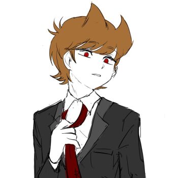 Rule 34 | 1boy, adjusting clothes, adjusting necktie, animification, antenna hair, black jacket, black suit, brown hair, commentary request, eddsworld, flipped hair, formal clothes, hair behind ear, hair ears, jacket, korean commentary, long sleeves, looking at viewer, male focus, necktie, official alternate costume, open mouth, red eyes, red necktie, scene reference, short hair, signature, simple background, sketch, solo, suit, tord (eddsworld), upper body, wangnyunim, white background