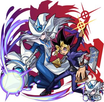 1boy 1girl blue_dress blue_jacket blue_pants card chain chibi dress duel_disk duel_monster gloves grey_hair hair_over_one_eye hat holding holding_card holding_wand jacket long_hair millennium_puzzle monster_strike multicolored_hair muto_yugi official_art pants purple_eyes silent_magician tabard wand white_gloves white_hat white_tabard wizard_hat yu-gi-oh!